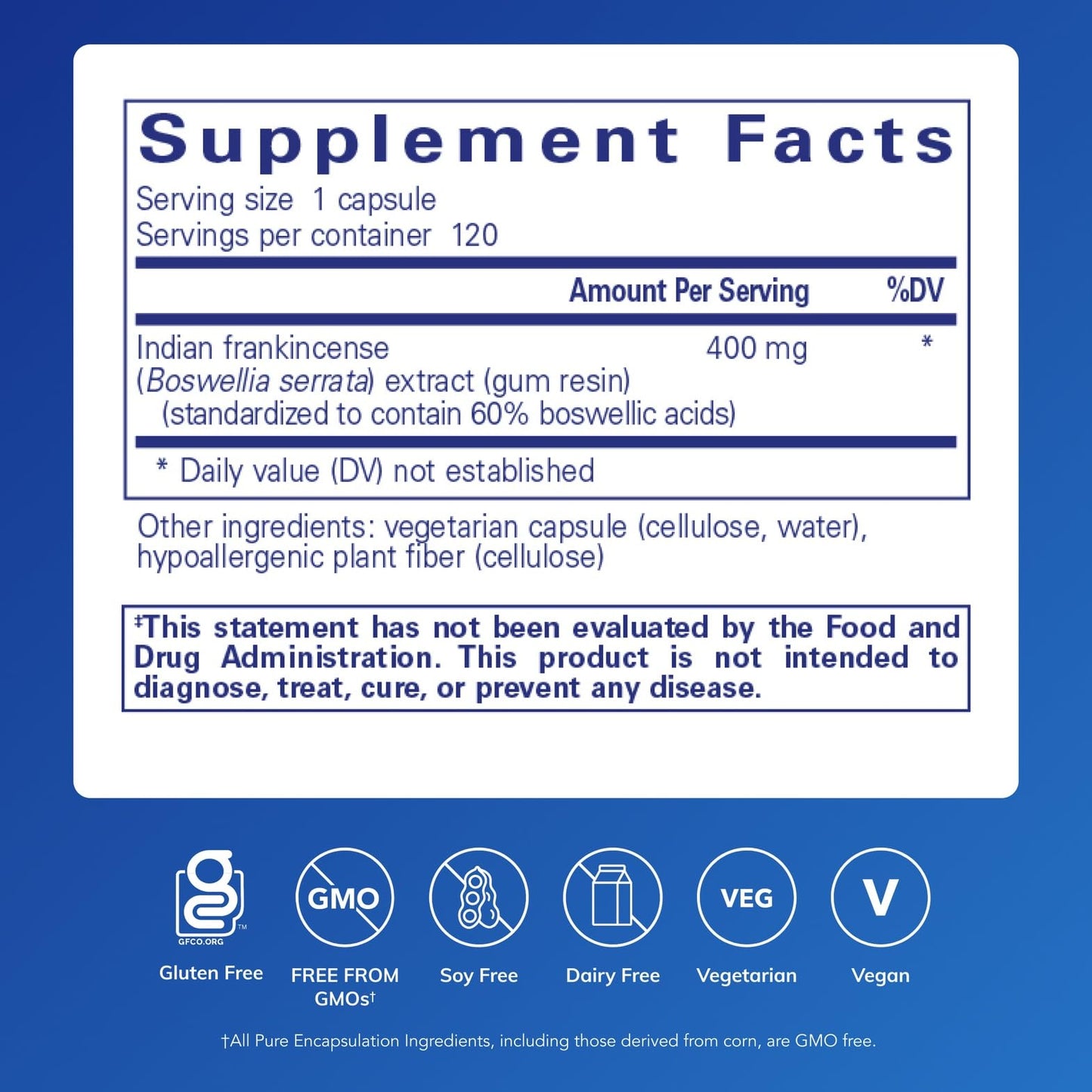 Pure Encapsulations Boswellia 120 capsules label details