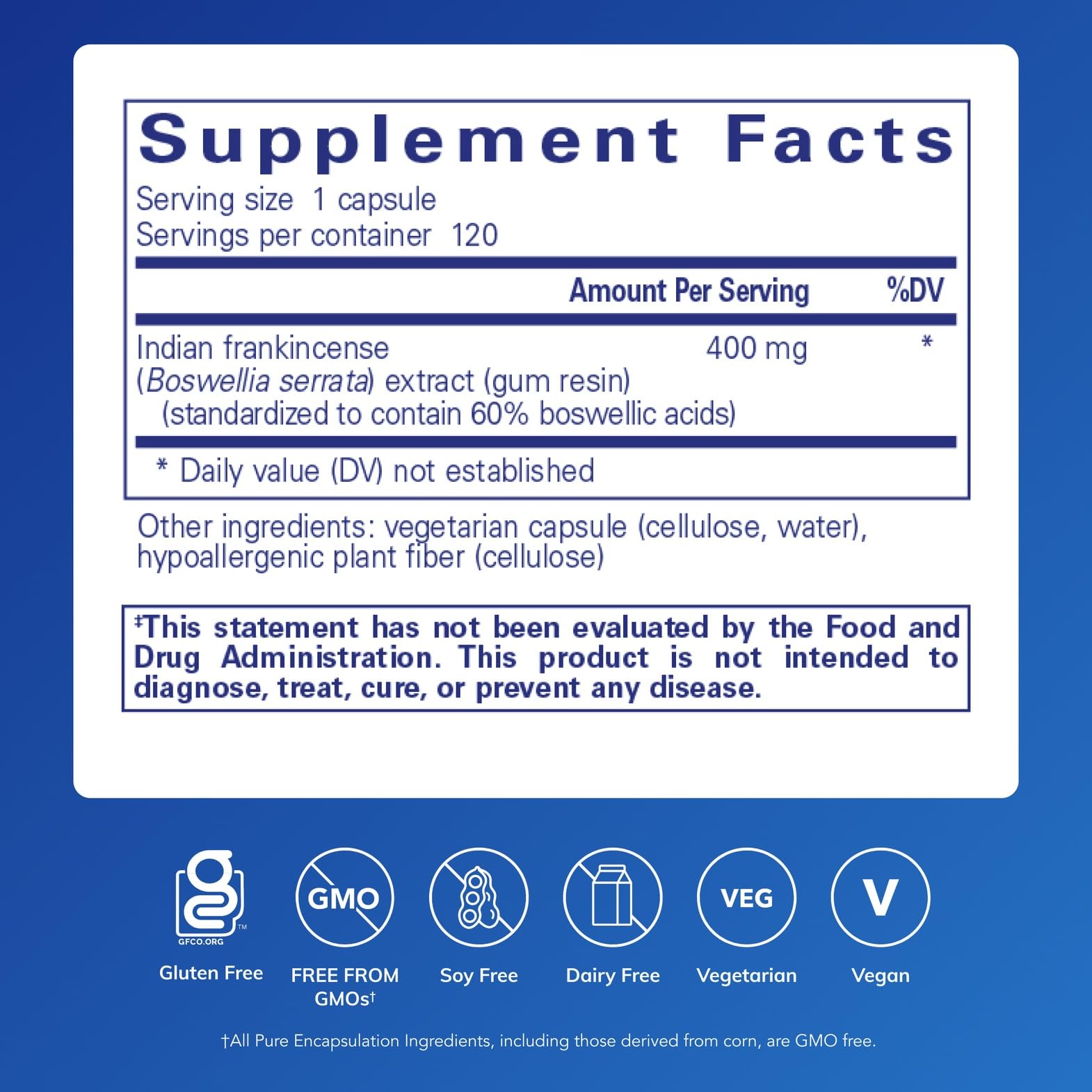 Pure Encapsulations Boswellia 120 capsules label details