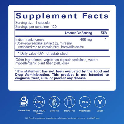 Pure Encapsulations Boswellia 120 capsules label details
