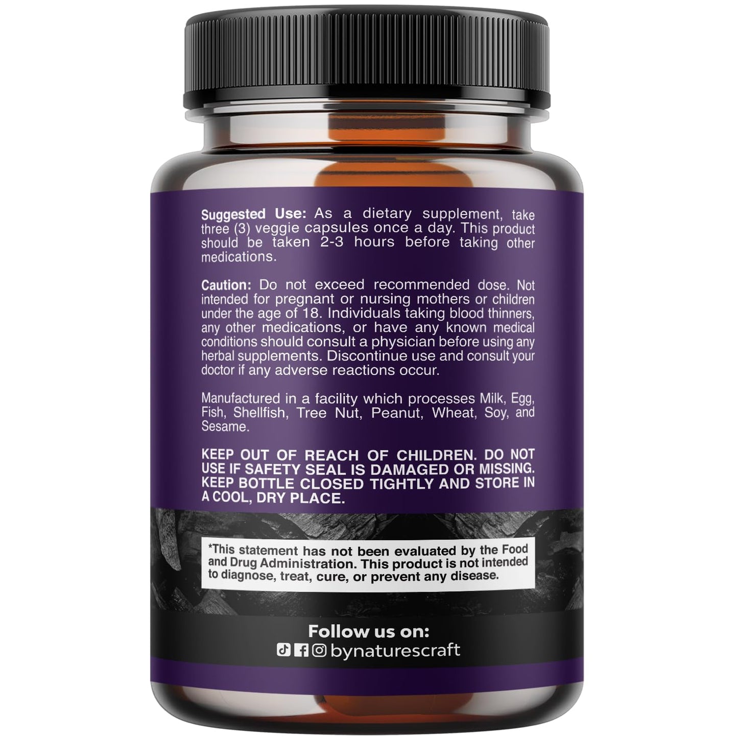 Nature's Craft coconut shell charcoal capsules supplement facts and ingredient label