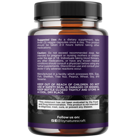 Nature's Craft coconut shell charcoal capsules supplement facts and ingredient label