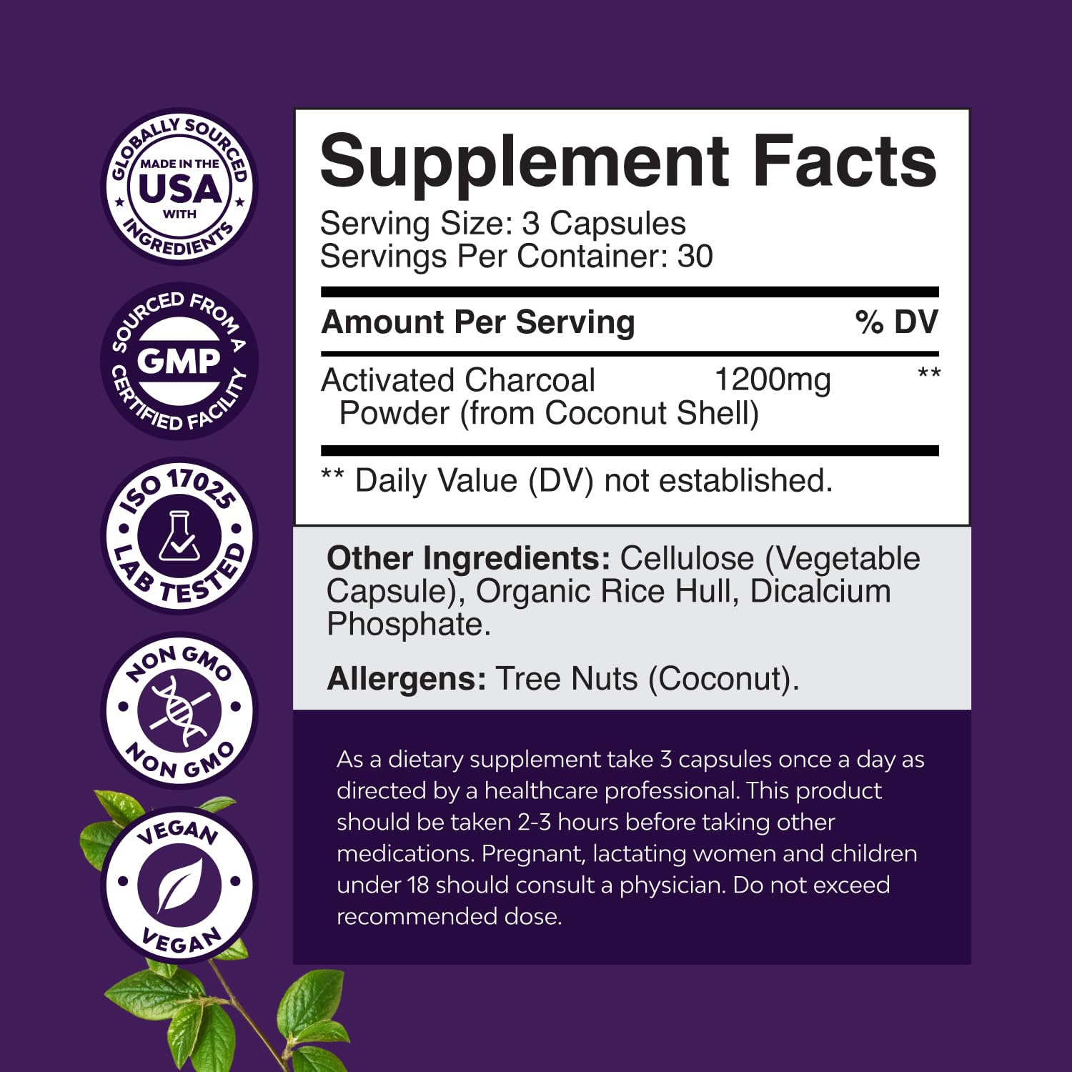 Premium 1200mg activated charcoal pills for digestive bloating relief