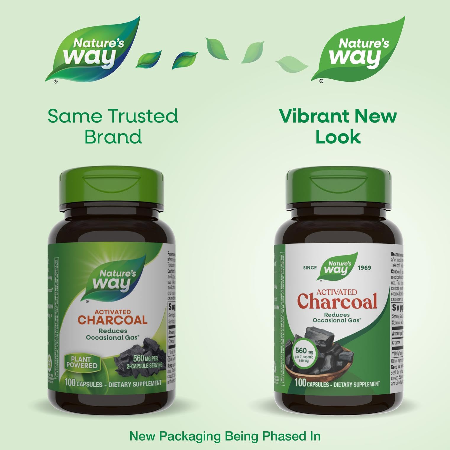 Nature's Way Activated Charcoal dietary supplement back label displaying dosage instructions and ingredient safety facts.