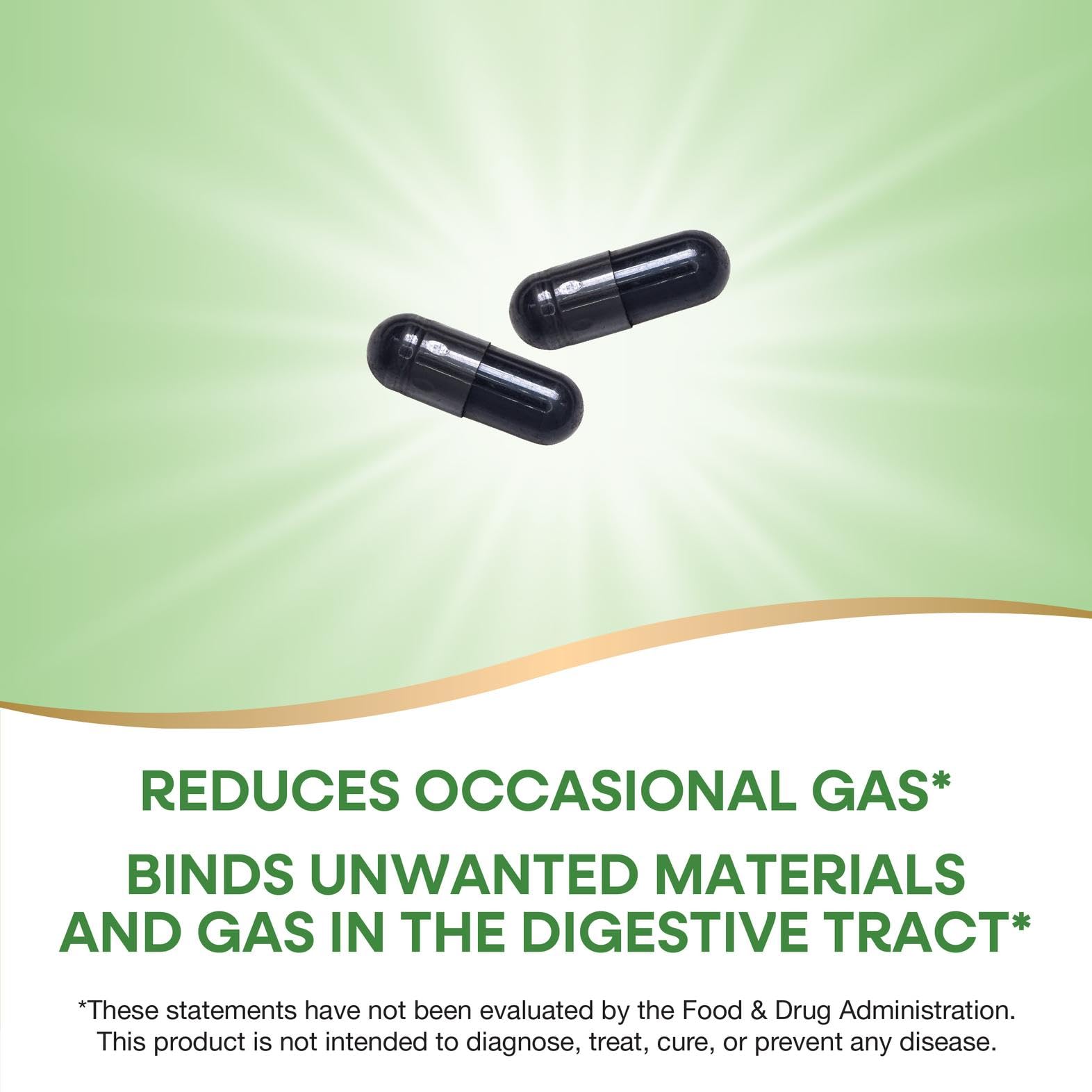 Side profile of Nature's Way Activated Charcoal bottle emphasizing gas and bloating relief benefits.