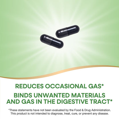 Side profile of Nature's Way Activated Charcoal bottle emphasizing gas and bloating relief benefits.