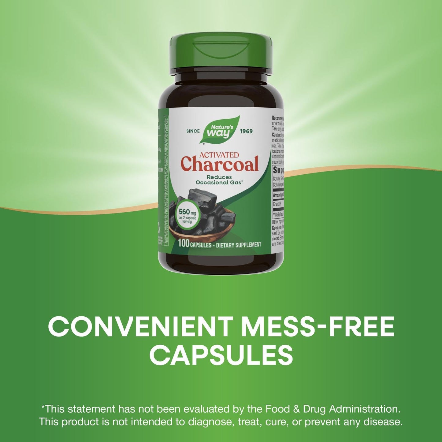 Close up of the coconut husk sourced activated charcoal capsules by Nature's Way for premium gut health support.