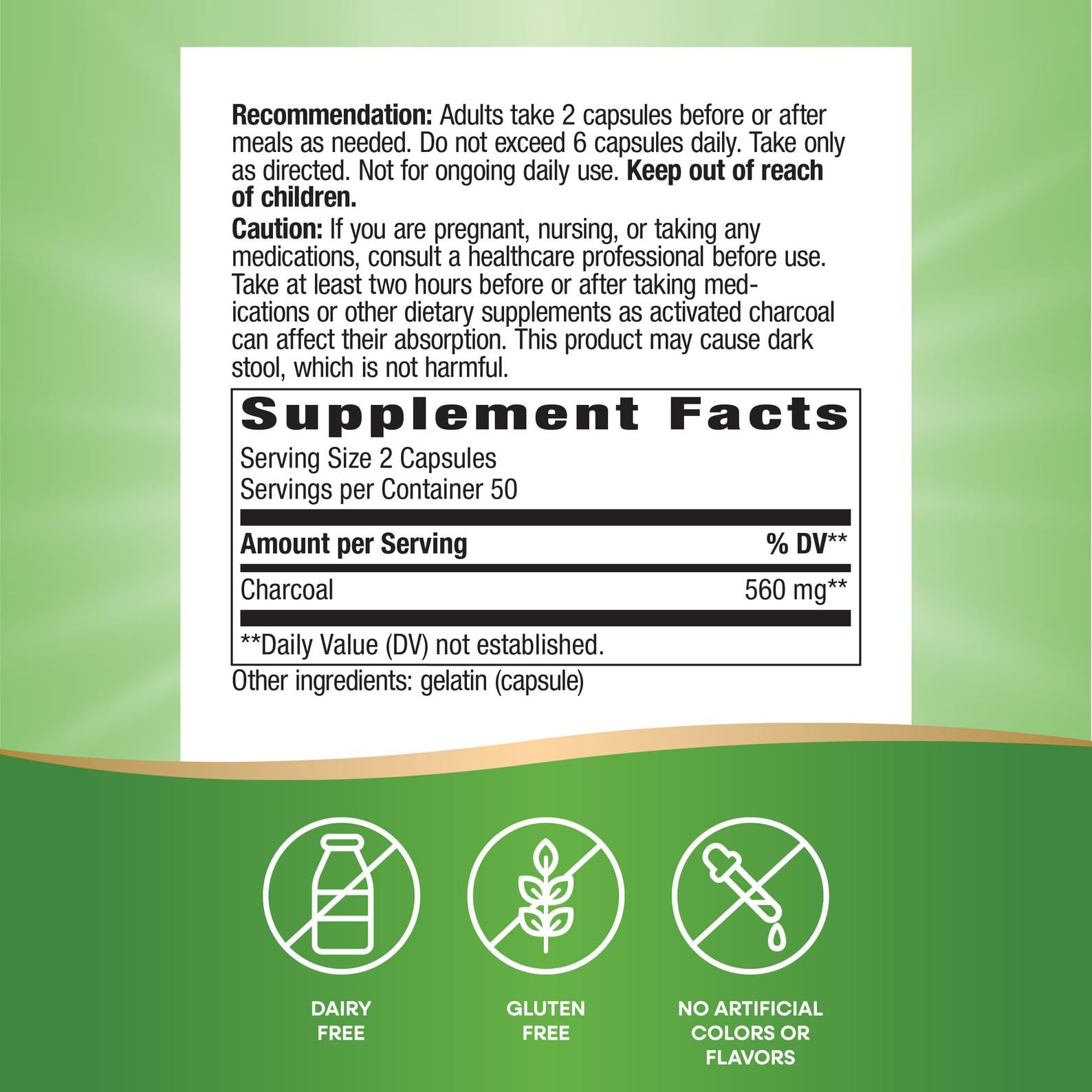 Authentic USA imported Nature's Way Activated Charcoal 100 capsules container with non GMO and gluten free certifications.