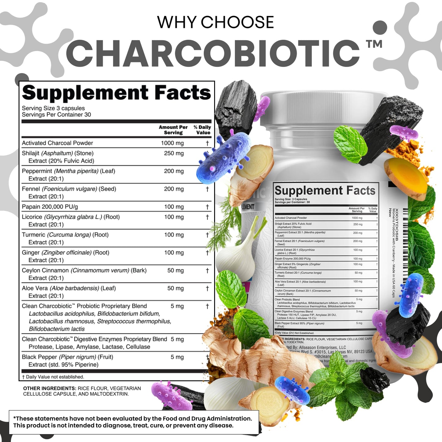 Activated coconut charcoal pills with digestive enzymes and shilajit