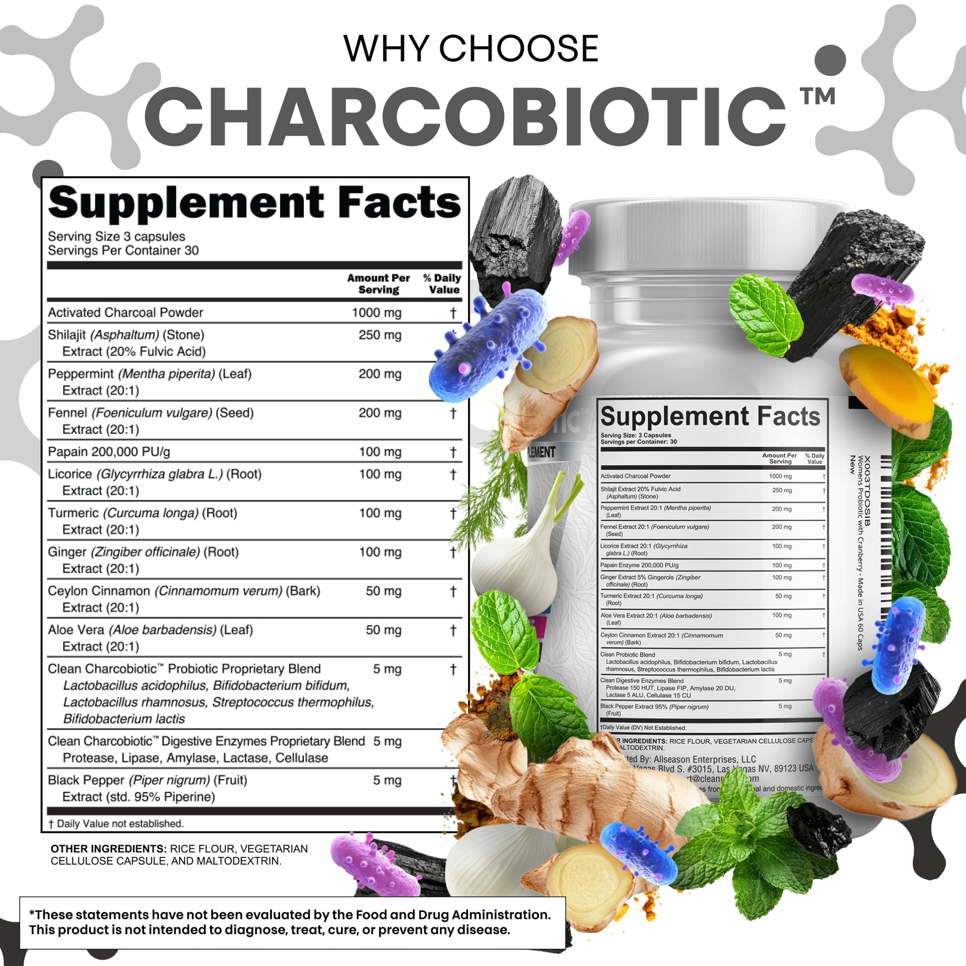 Activated coconut charcoal pills with digestive enzymes and shilajit