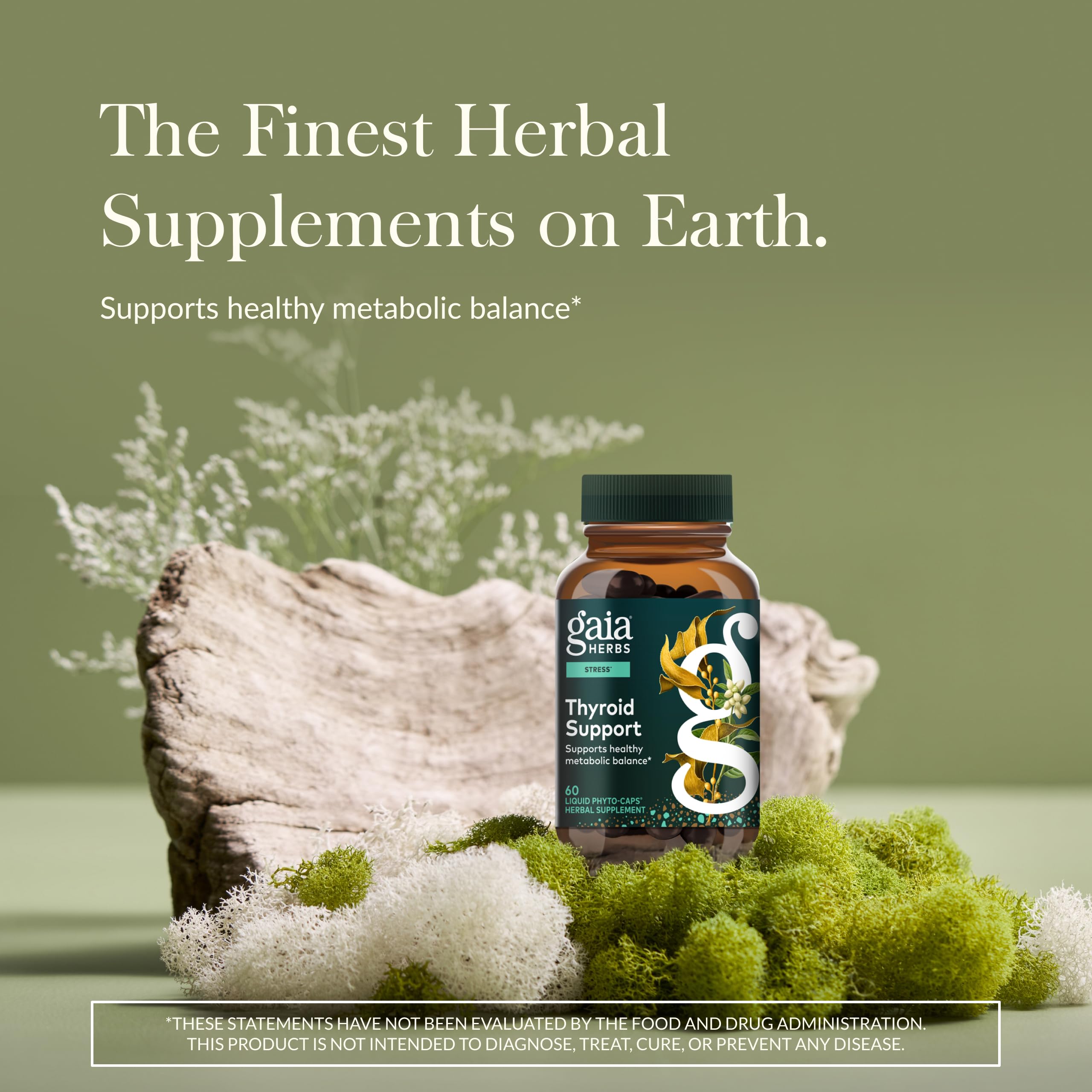 Gaia Herbs plant based thyroid helper supplement bottle showing ingredients list and serving size.
