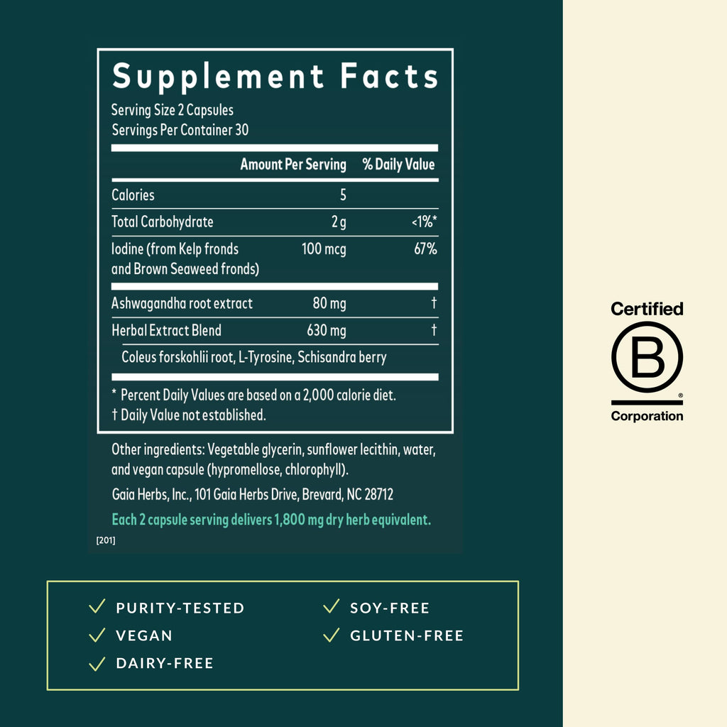 Gaia Herbs Thyroid Support liquid capsules close up view