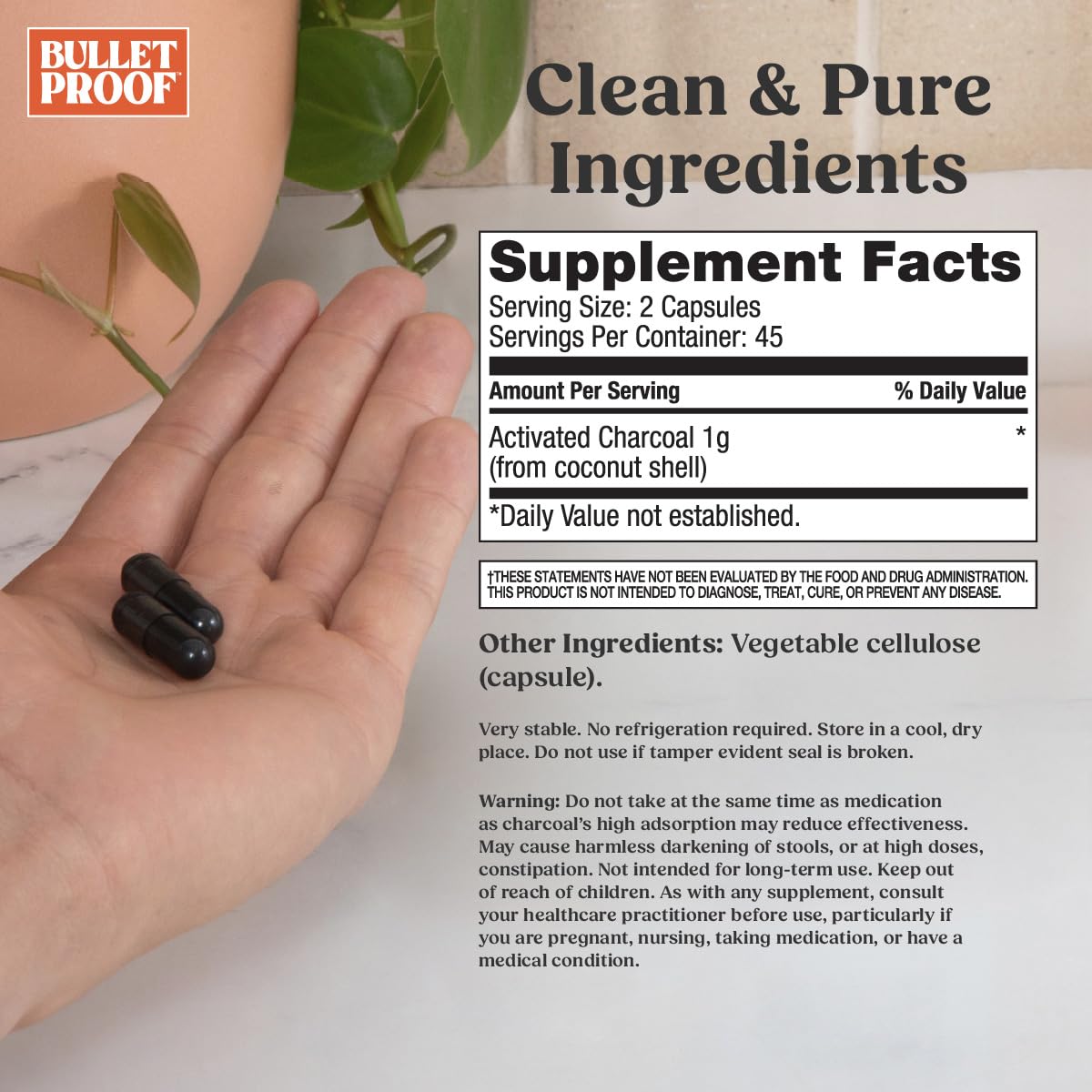 Bulletproof coconut charcoal supplement packaging nutrition facts