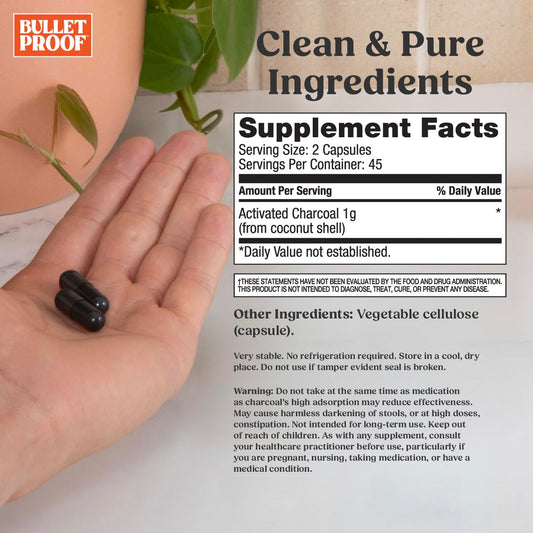 Bulletproof activated charcoal digestive supplement side label detailing 100% coconut shell purity