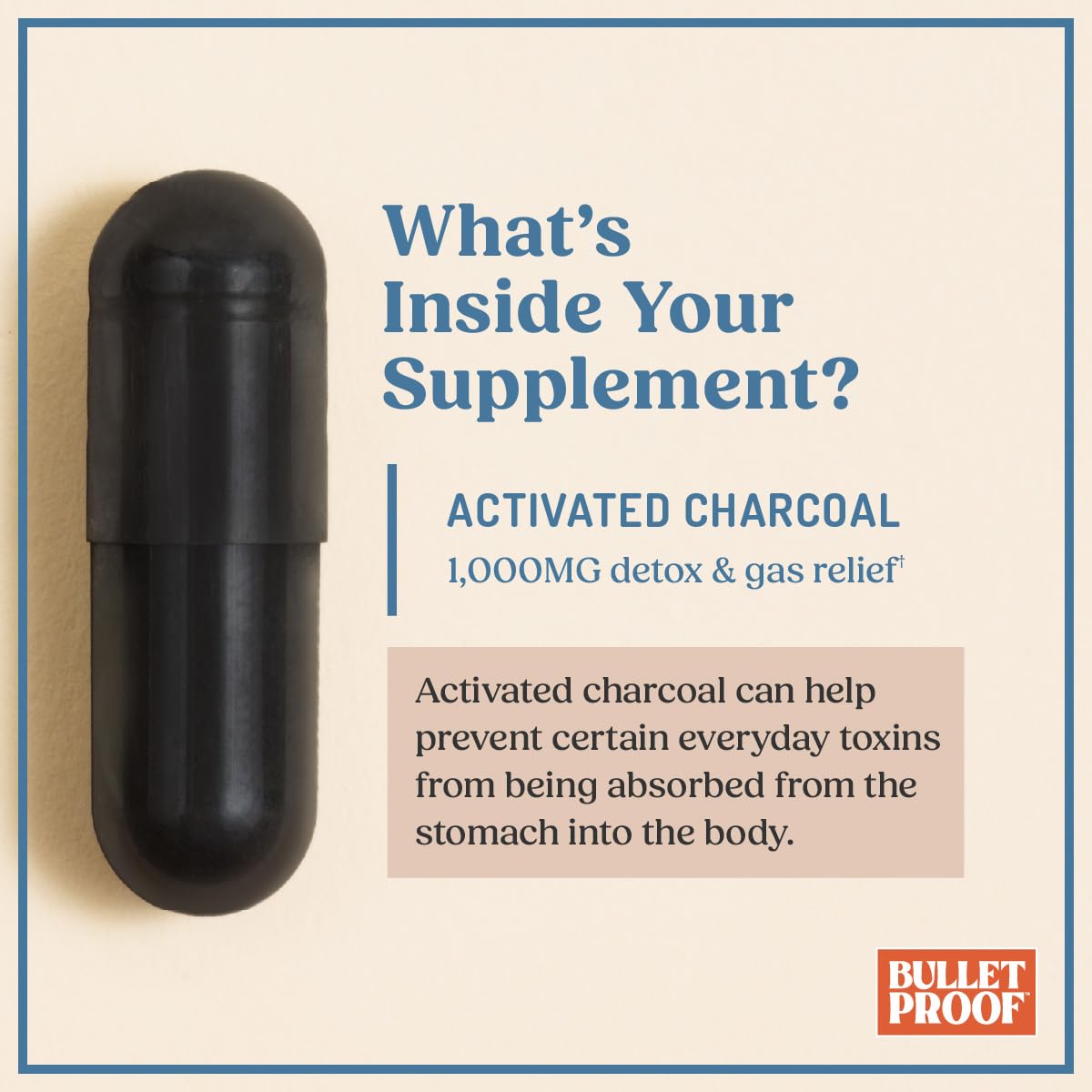 Close up of vegan charcoal capsules on a clean background demonstrating fine powder texture