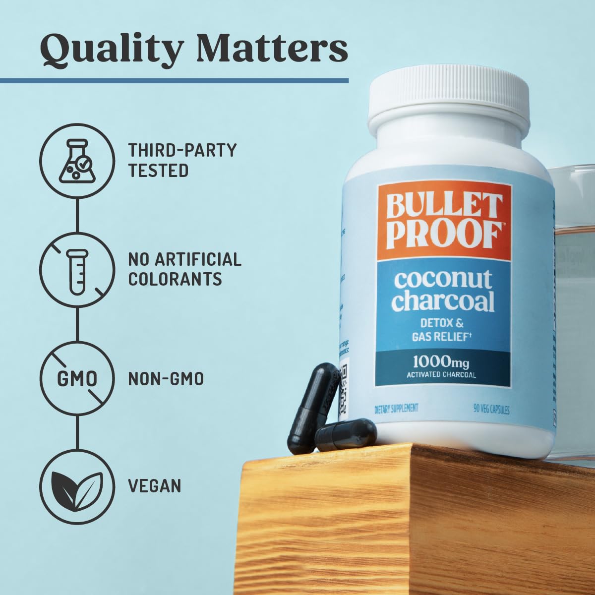 Bulletproof detox capsules packaging highlighting non-GMO and gluten-free certification seals