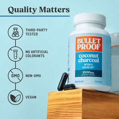Bulletproof detox capsules packaging highlighting non-GMO and gluten-free certification seals