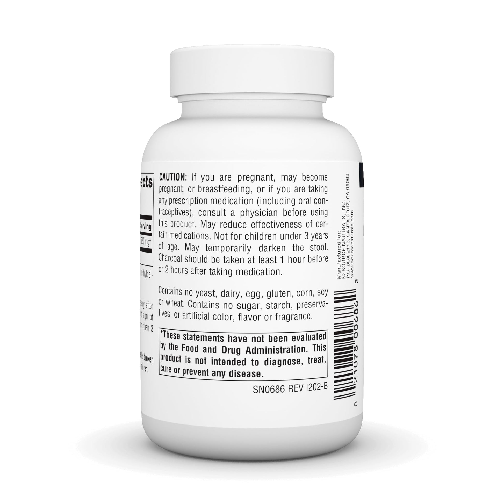 Back label view of Source Naturals pure charcoal digestive support capsules with usage instructions