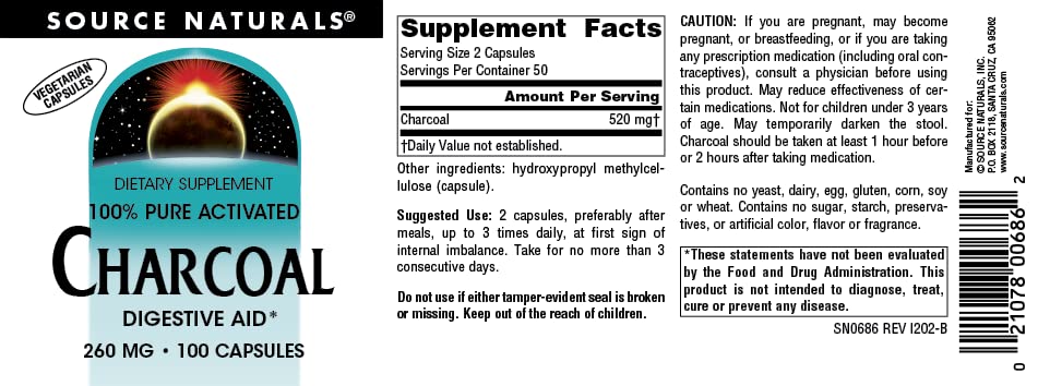 Authentic USA imported Source Naturals charcoal capsules showing allergen free information on the packaging
