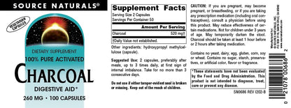 Authentic USA imported Source Naturals charcoal capsules showing allergen free information on the packaging