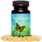 Gluten free plant based Thyrogard wellness supplement bottle layout on a clean background.