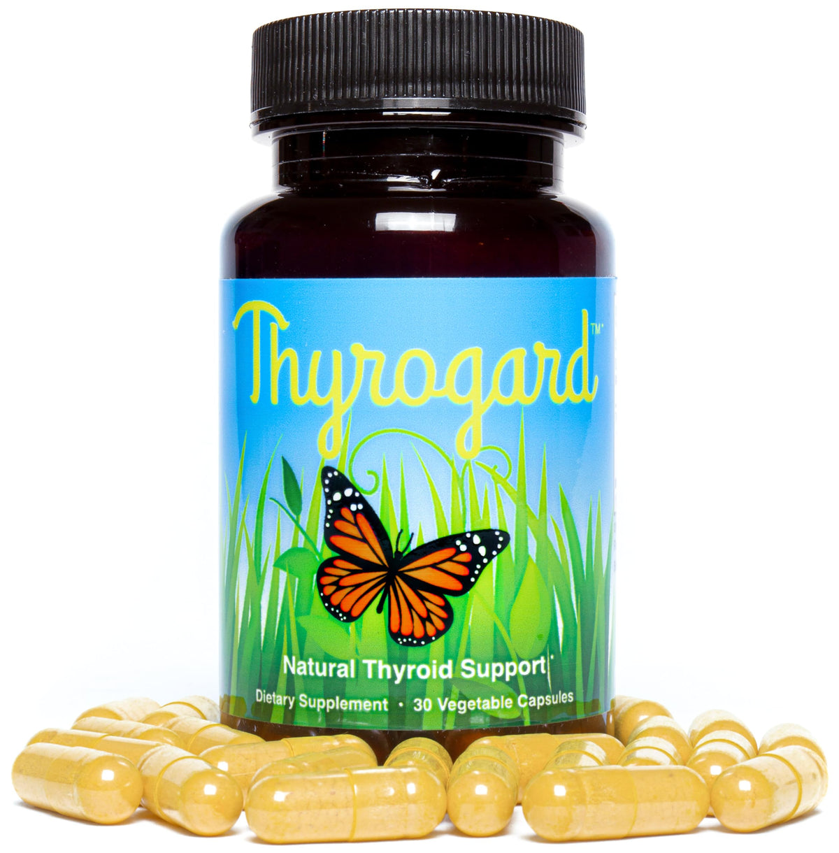 Gluten free plant based Thyrogard wellness supplement bottle layout on a clean background.