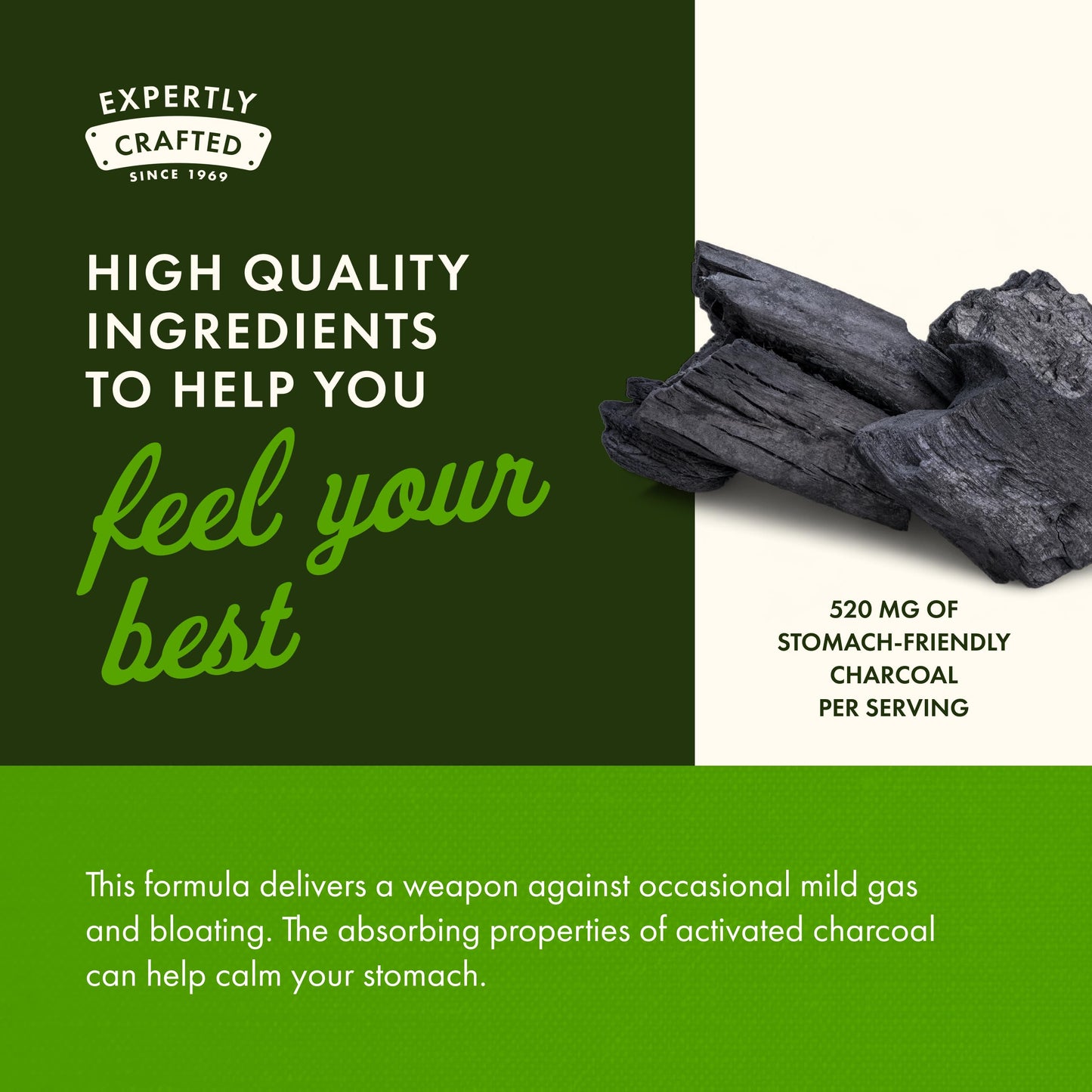Close up of 120 count bottle of activated charcoal dietary supplement directions for use