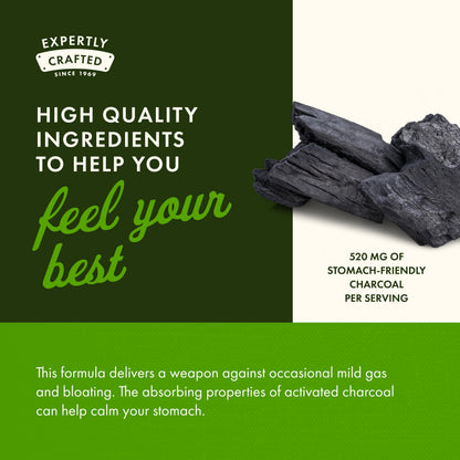 Close up of 120 count bottle of activated charcoal dietary supplement directions for use