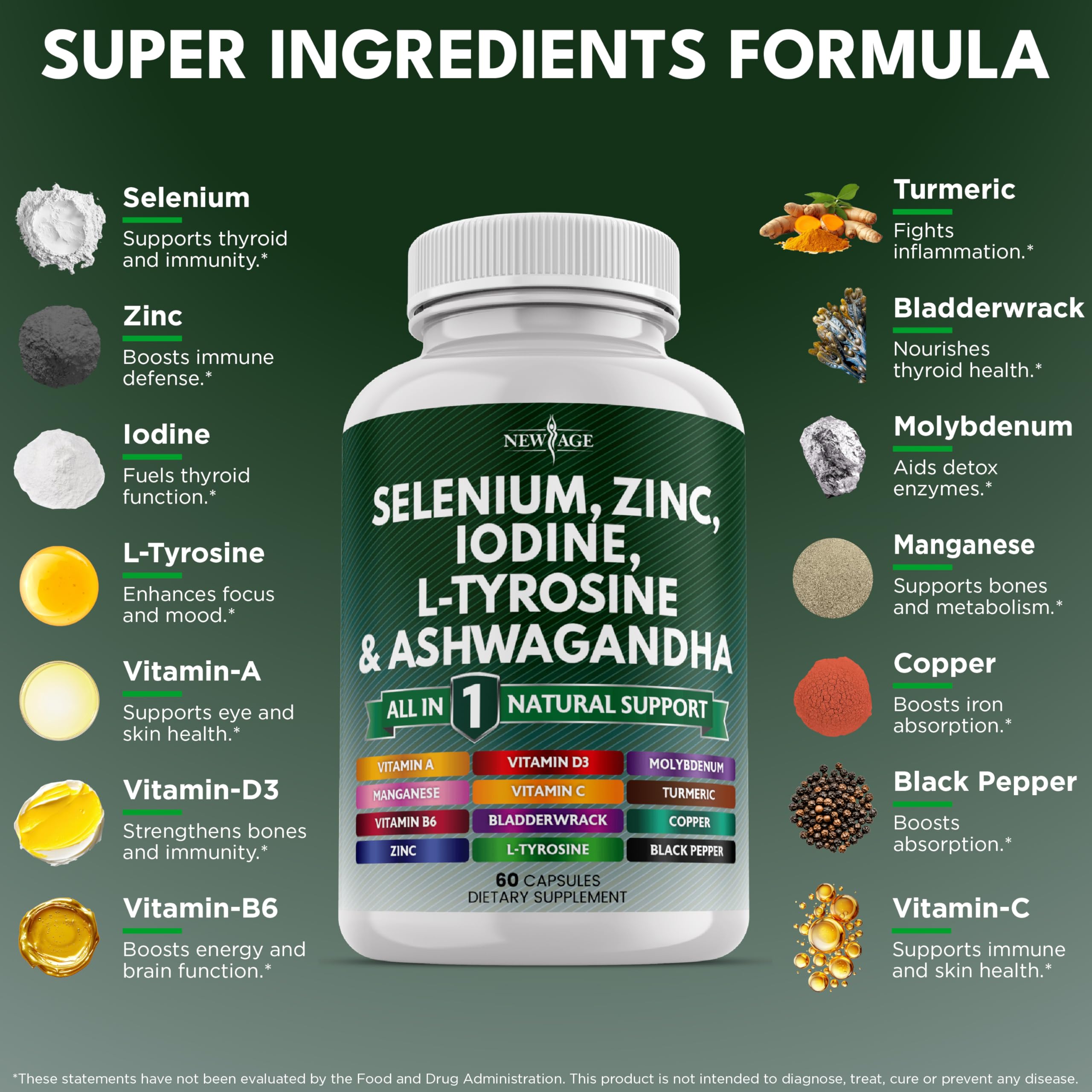 New Age Selenium Zinc Iodine L Tyrosine supplement bottle standing upright showing clean packaging.