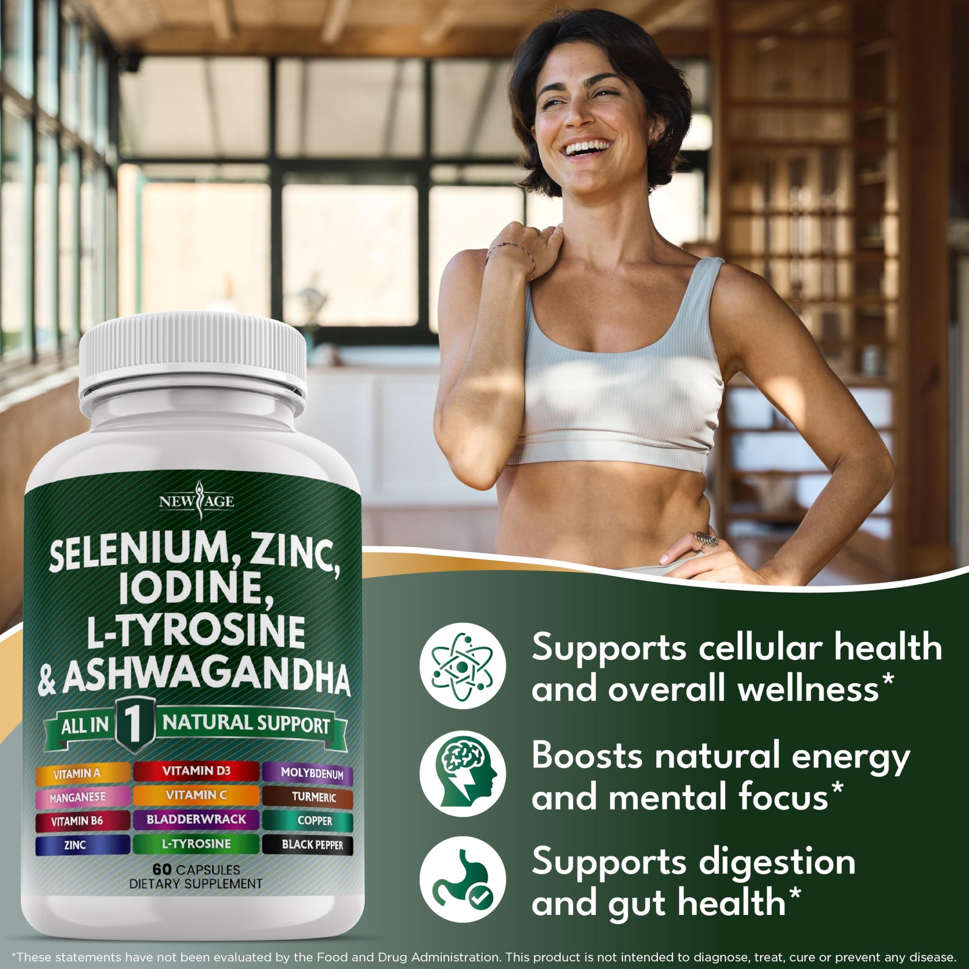 Side angle of New Age Thyroid Support supplement highlighting the directions and capsule count.