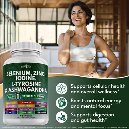 Side angle of New Age Thyroid Support supplement highlighting the directions and capsule count.