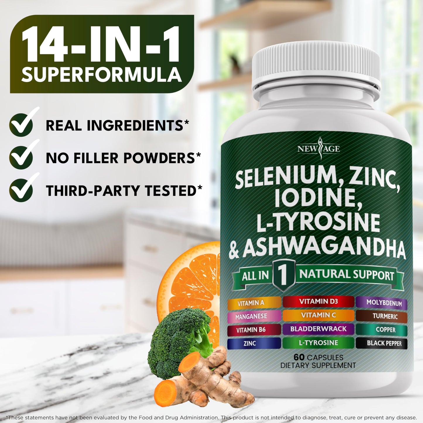 Authentic USA imported New Age Thyroid Support dietary supplement bottle for men and women.