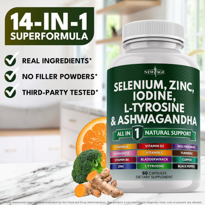 Authentic USA imported New Age Thyroid Support dietary supplement bottle for men and women.