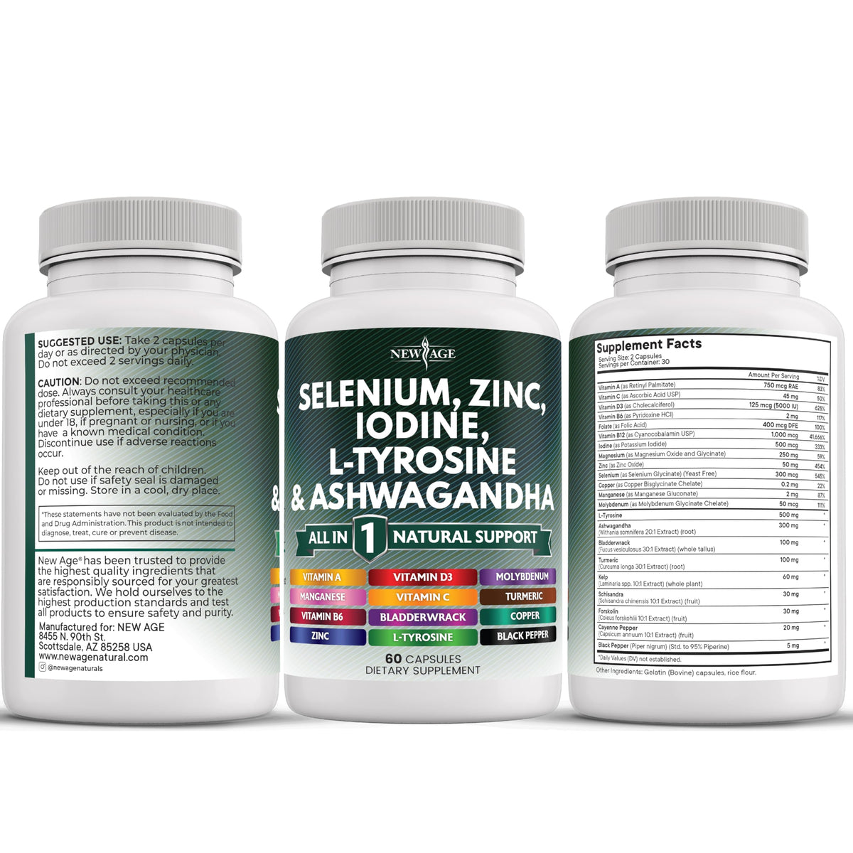 New Age Thyroid Support 120 Capsules container showing the blend of Ashwagandha and trace minerals.