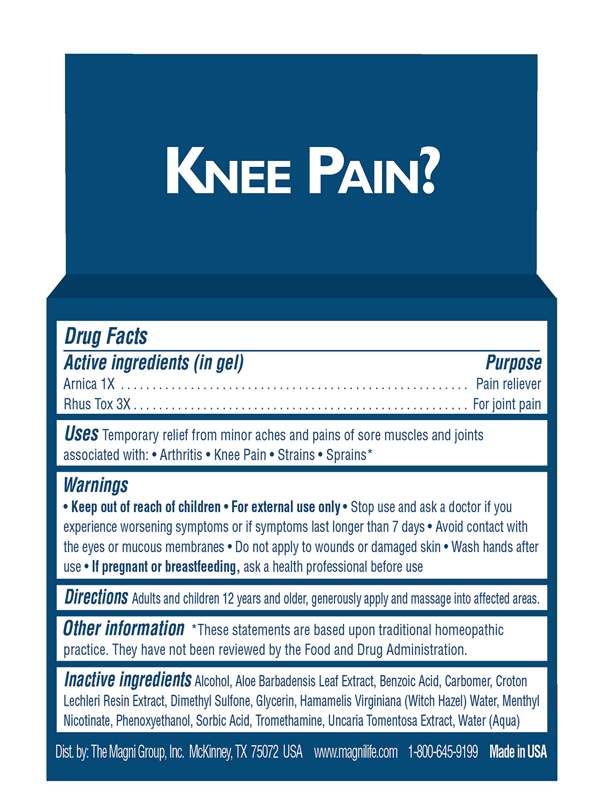 Magnilife Knee Pain Relief Gel ingredients and homeopathic information