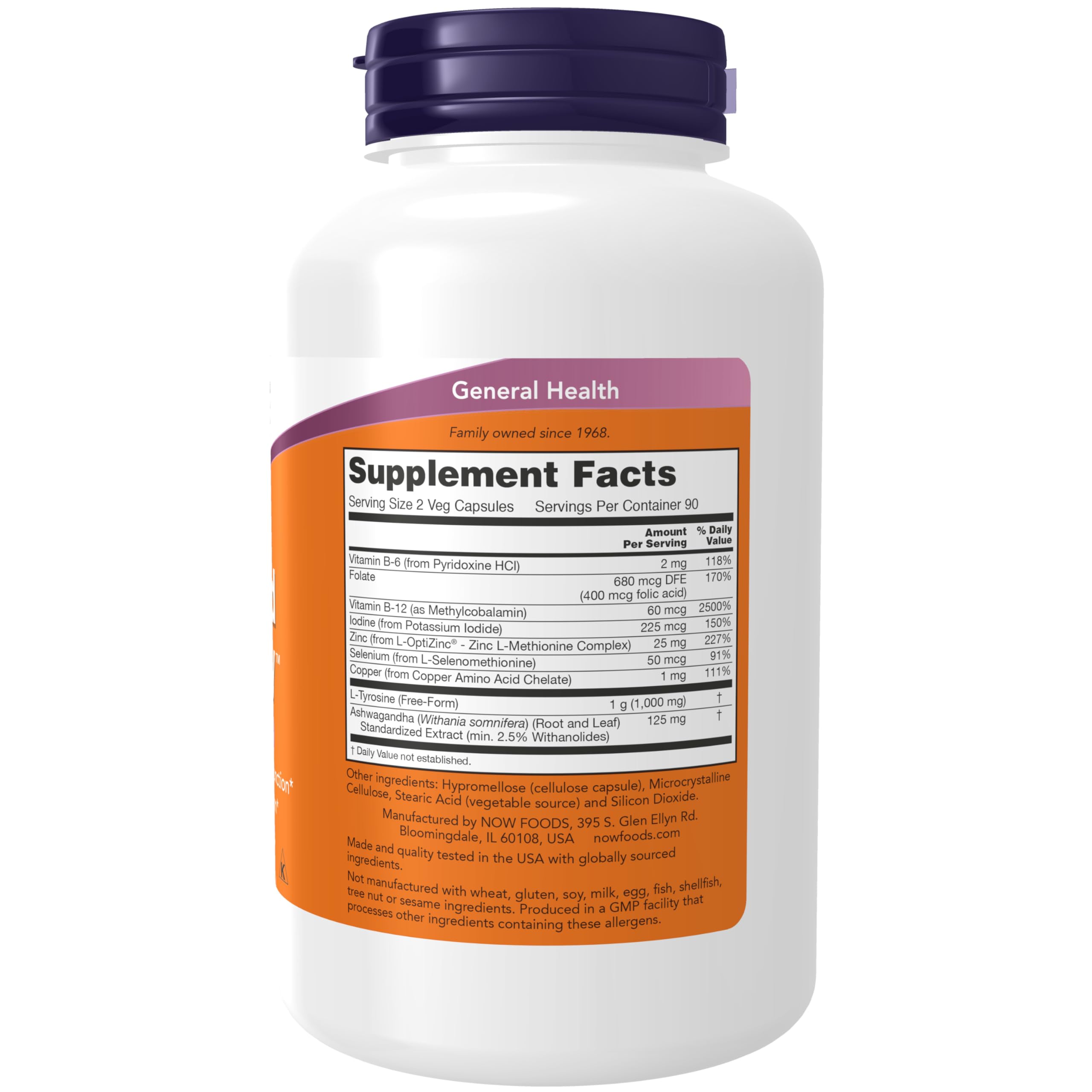 Premium imported thyroid health supplement showing iodine and tyrosine ingredient facts panel.