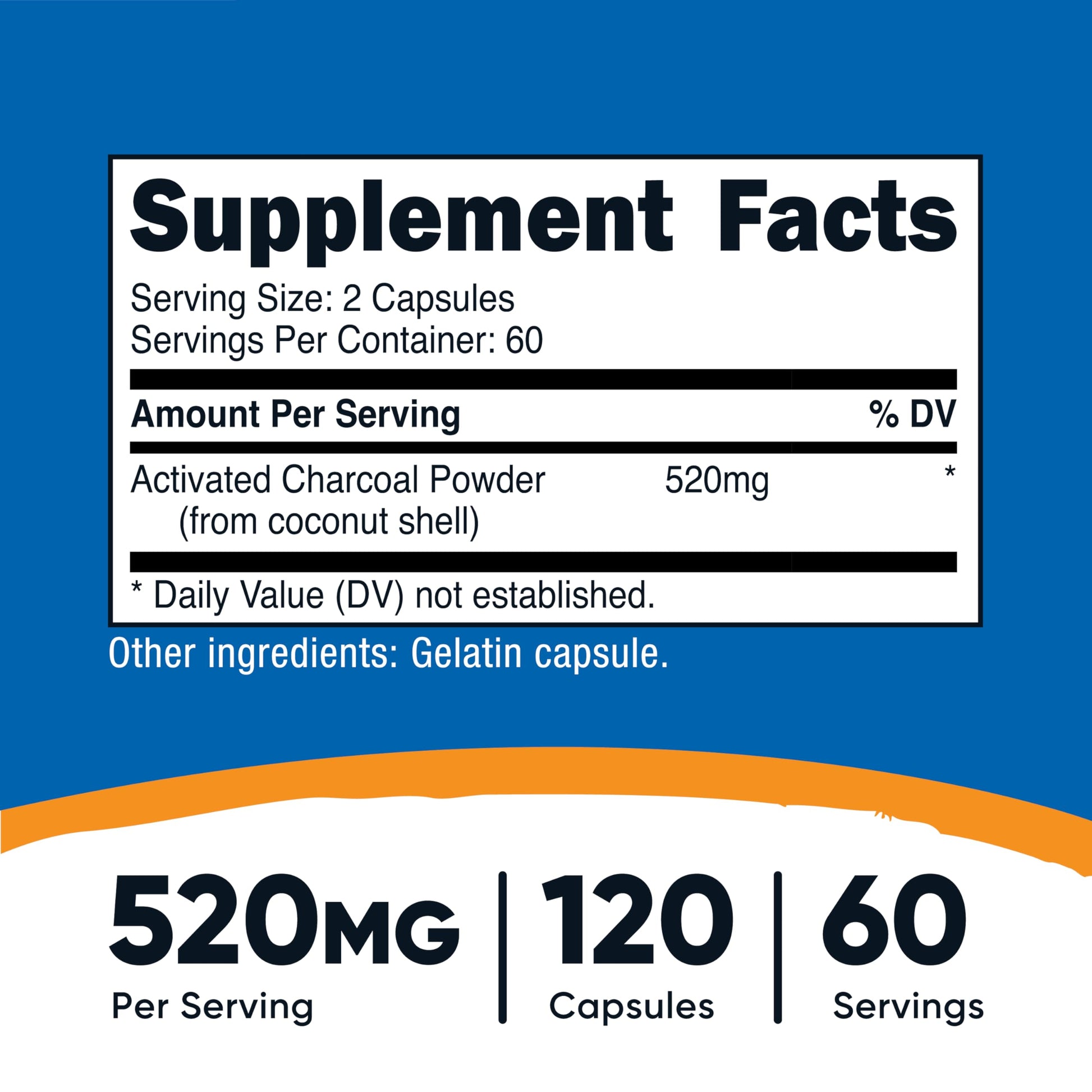 Nutricost Activated Charcoal 520 milligrams supplement facts label showing serving size