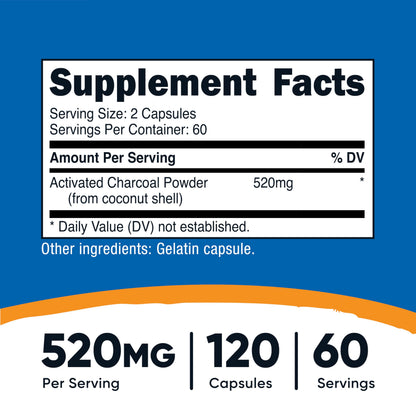 Nutricost Activated Charcoal 520 milligrams supplement facts label showing serving size