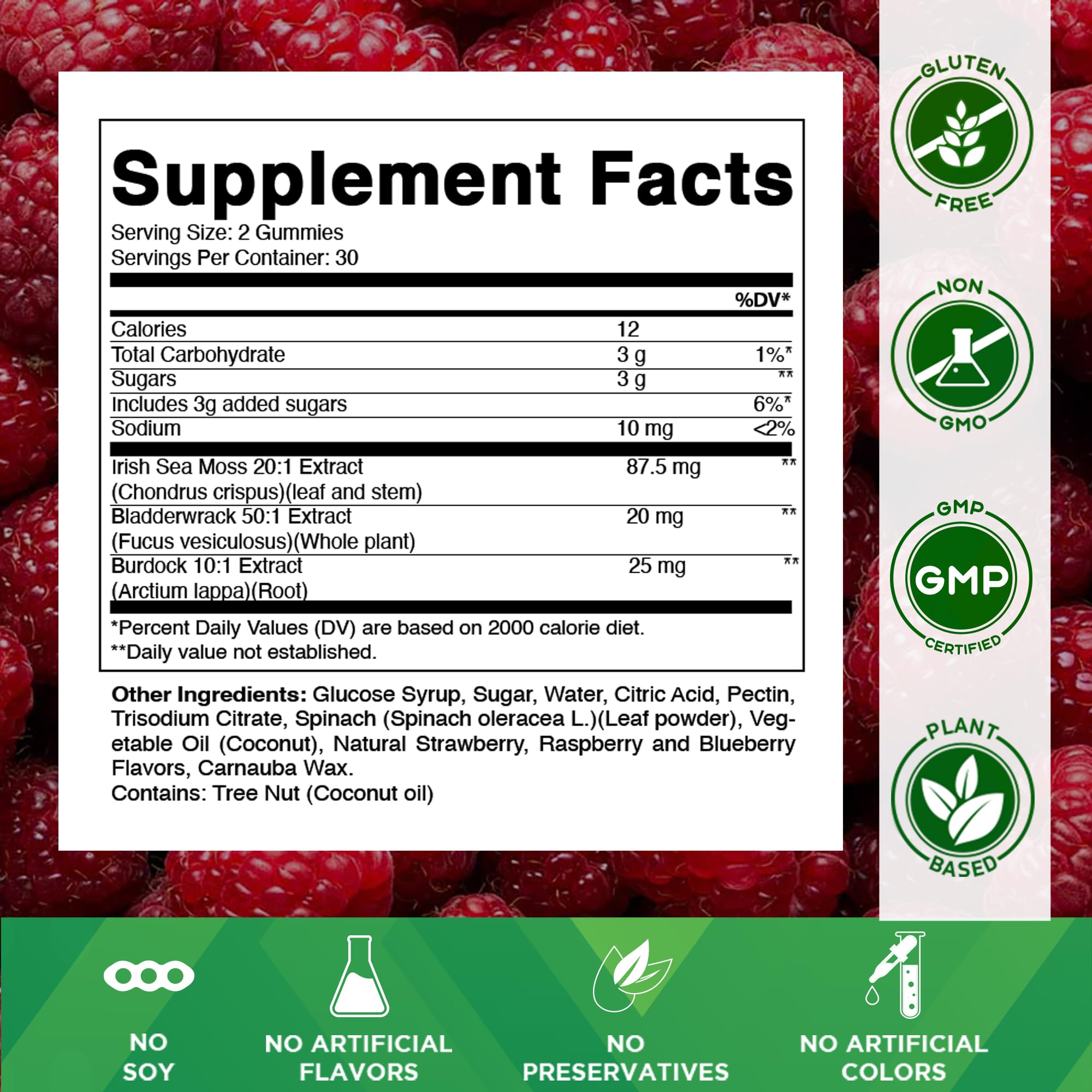 Vitamatic Seamoss supplement bottle showing raspberry flavor and vegan certification logos