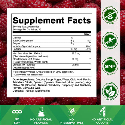 Vitamatic Seamoss supplement bottle showing raspberry flavor and vegan certification logos
