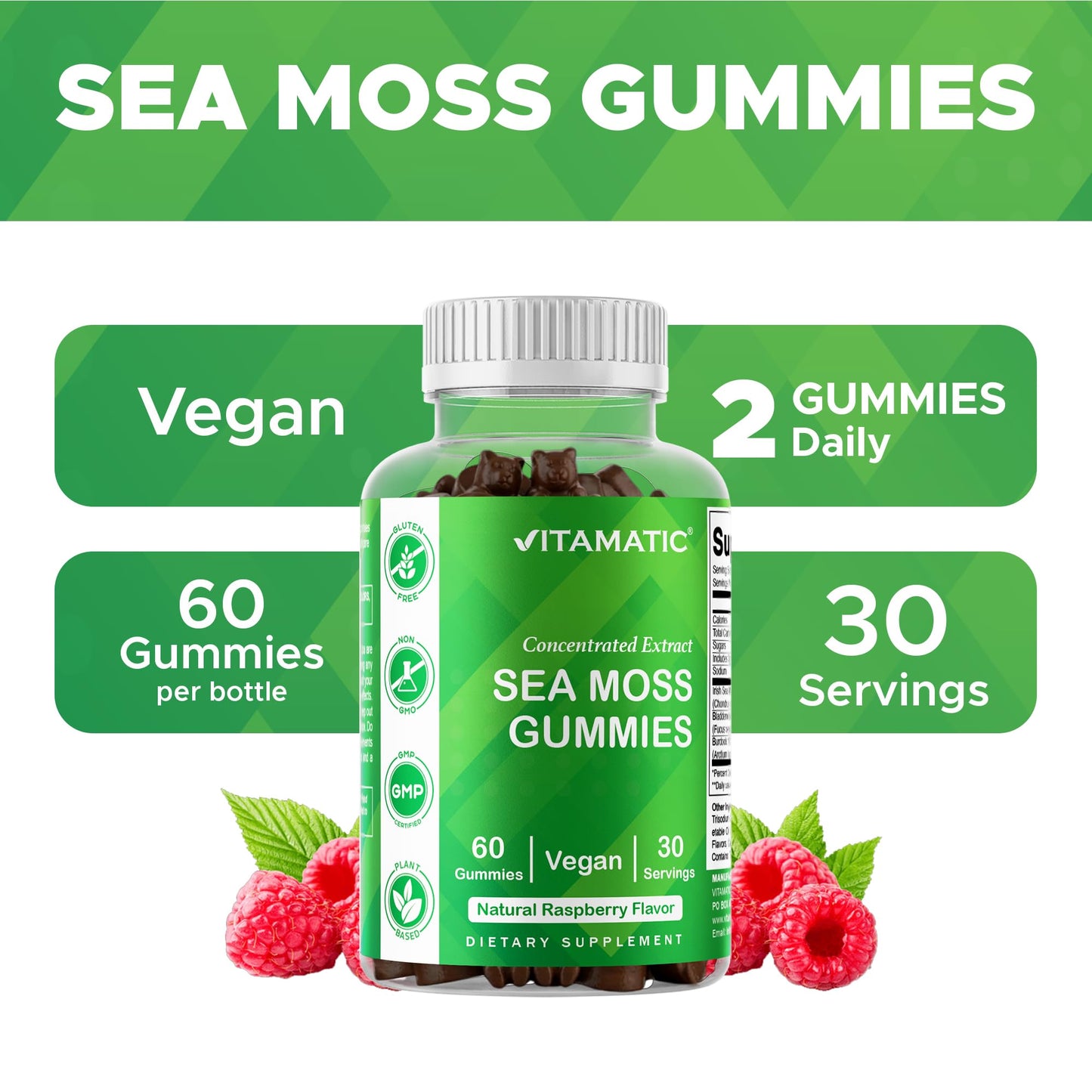 Back label of Vitamatic Irish Sea Moss showing ingredients bladderwrack and burdock root