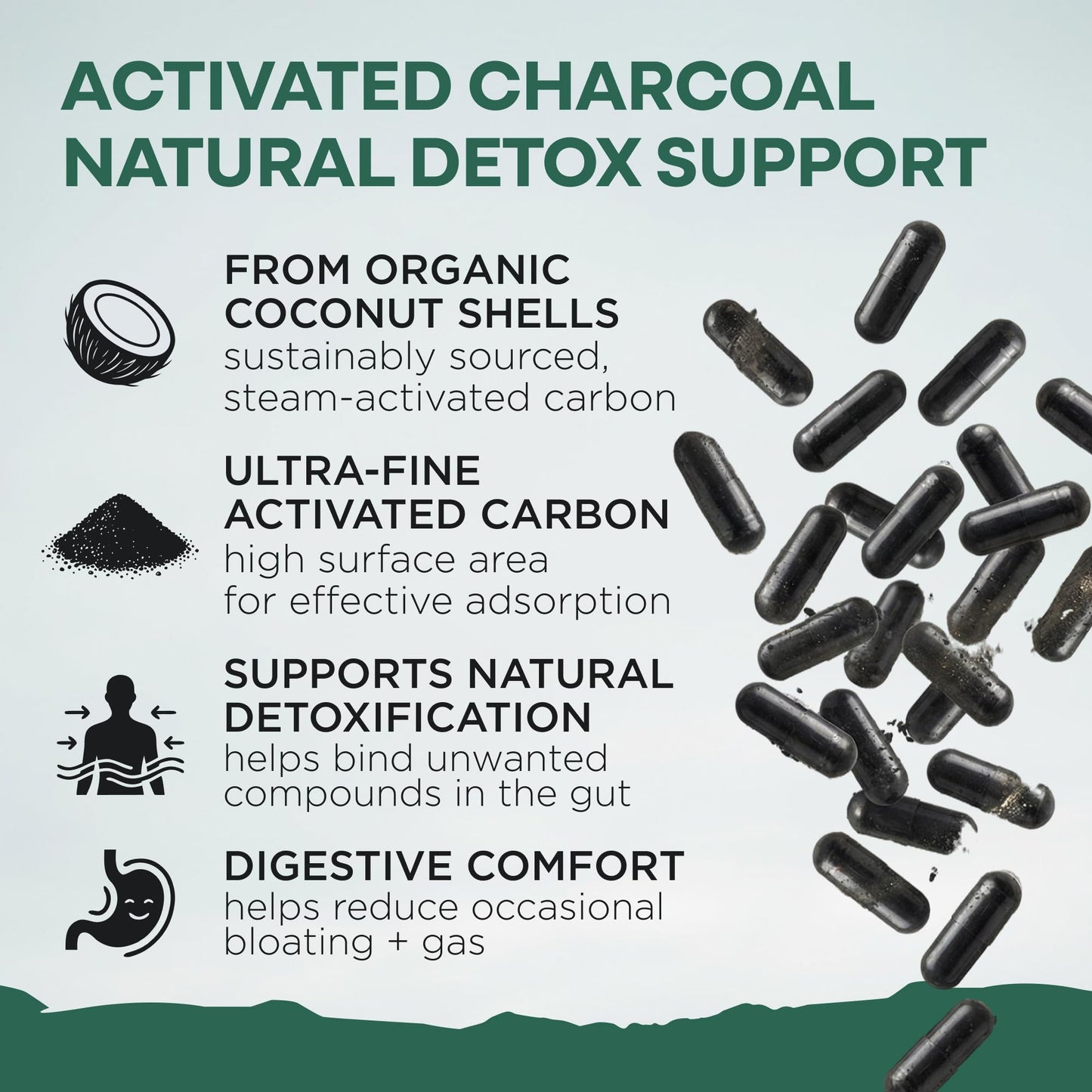 Wild Foods Wild Coal activated charcoal capsules packaging displaying premium digestive support benefits