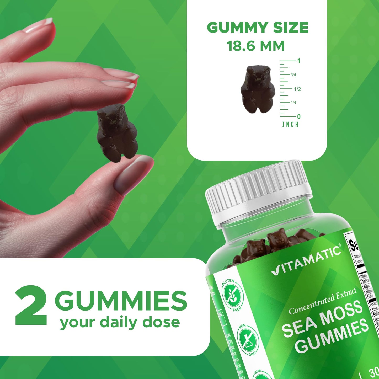 Close up of premium imported Vitamatic vegan pectin gummies on a clean background