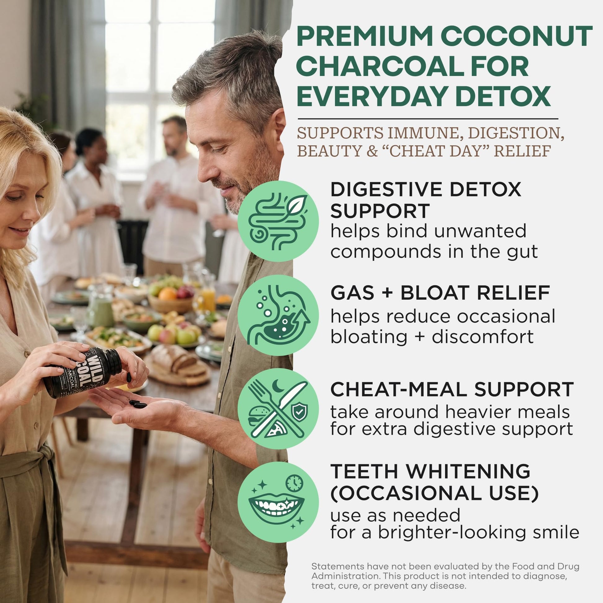 Back label of Wild Foods activated charcoal pills with organic ingredients and supplement facts