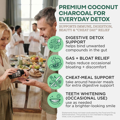 Back label of Wild Foods activated charcoal pills with organic ingredients and supplement facts