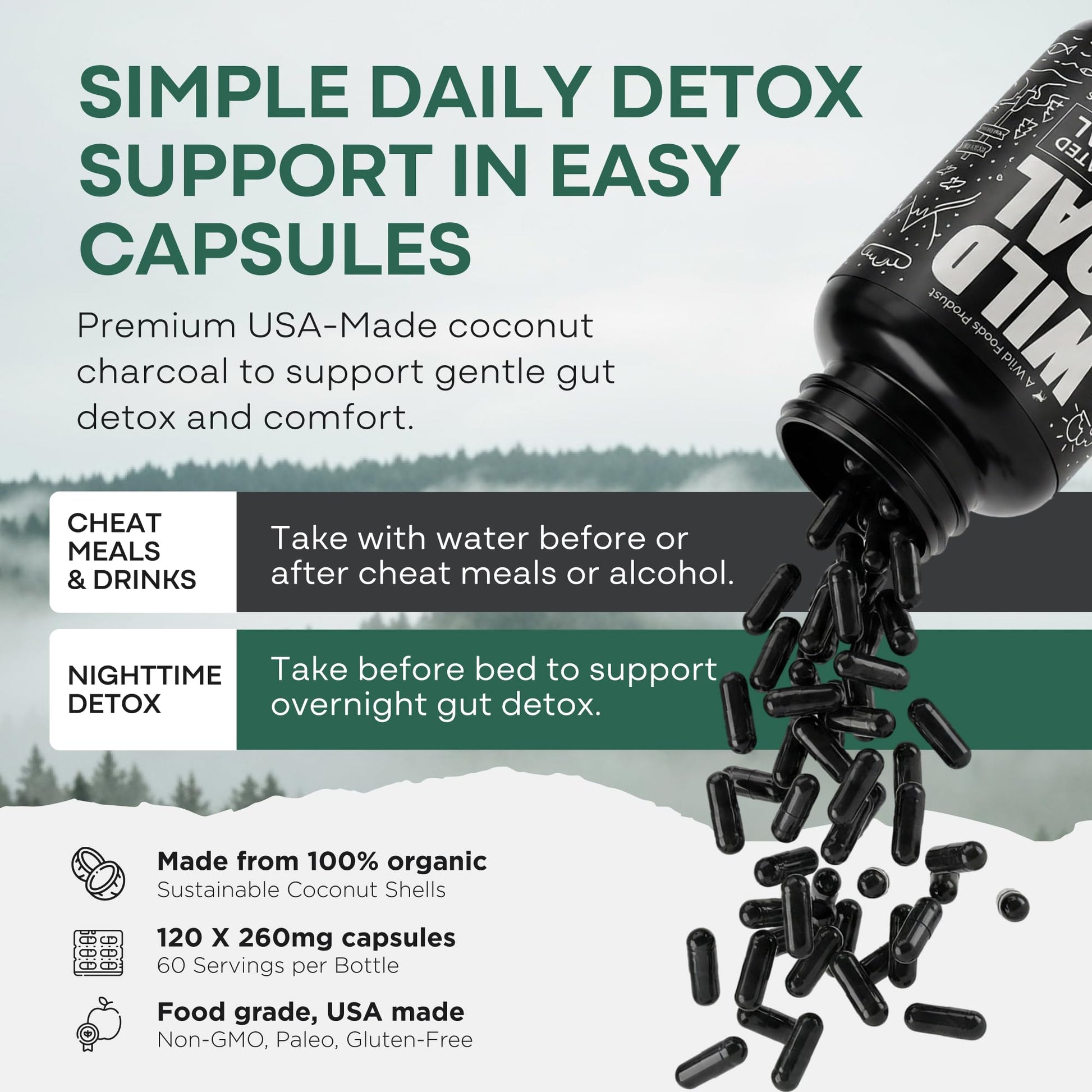 Capsules of Wild Foods organic coconut shell charcoal displayed next to the supplement bottle