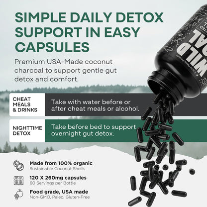 Capsules of Wild Foods organic coconut shell charcoal displayed next to the supplement bottle