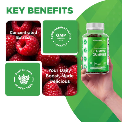 Vitamatic non GMO gluten free raspberry flavored wellness gummies nutritional information side view