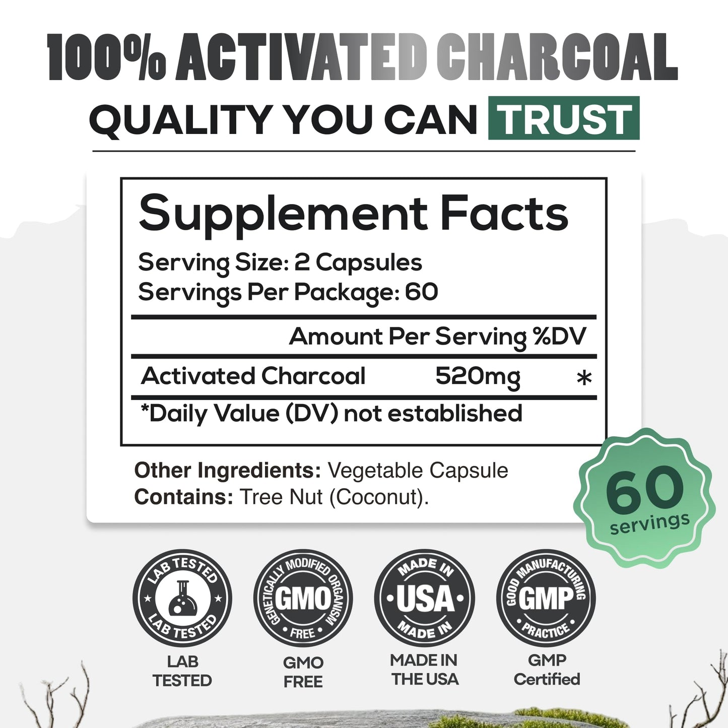 Wild Foods activated charcoal dietary supplement for bloating relief and natural gut detox