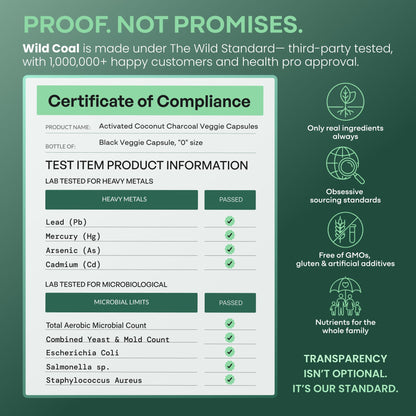 Lab tested non GMO Wild Foods coconut charcoal capsules showing safe manufacturing standards