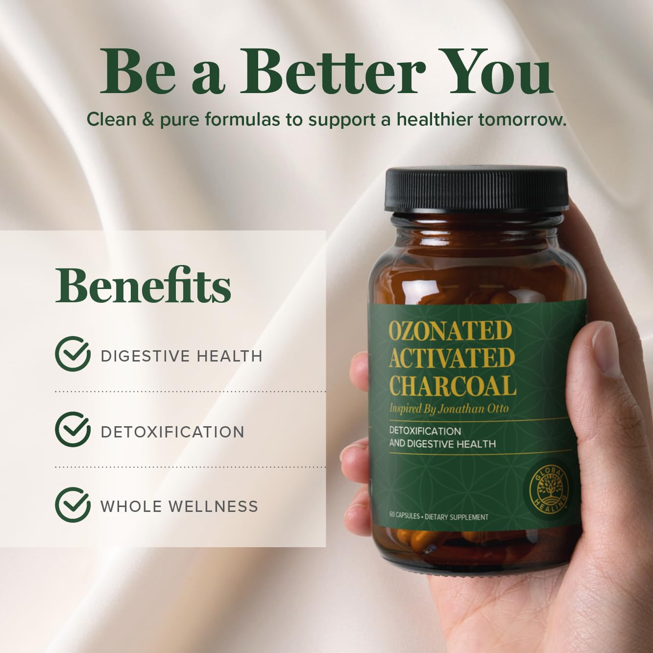 Global Healing Center Ozonated Activated Charcoal vegetarian capsules showing size and appearance